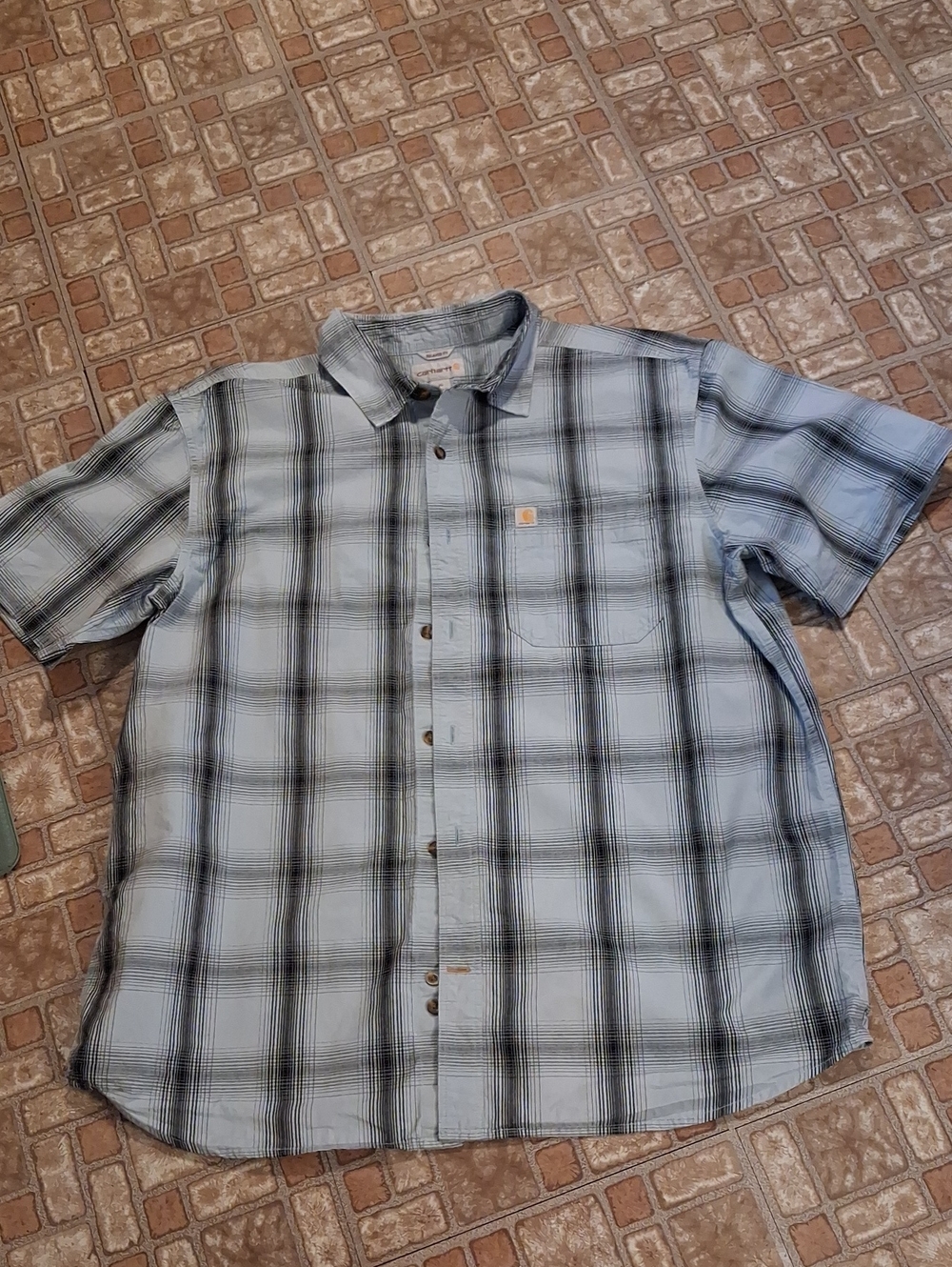Carhartt Men’s Light Blue and Black Plaid Short-Sleeve 100 % Cotton
